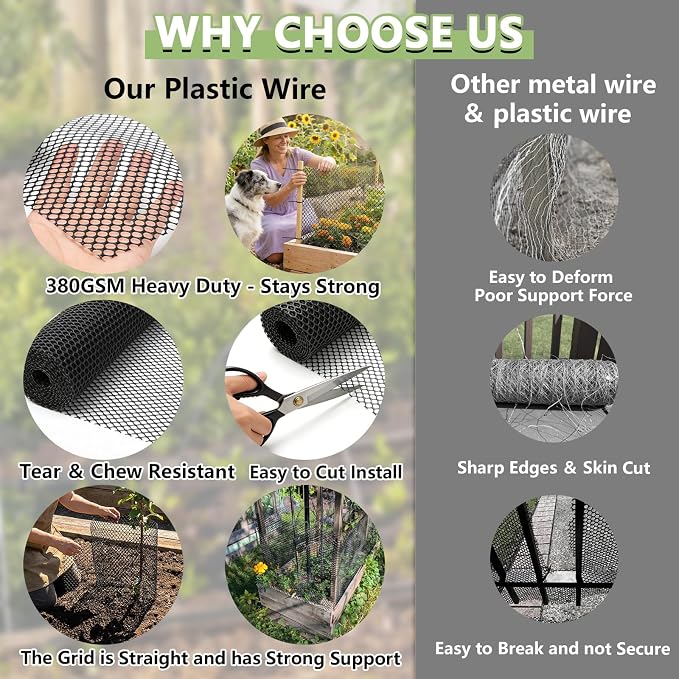 15.7" x 33' Plastic Mesh Fence Roll - Heavy Duty Chicken Wire Mesh Fence - Upgraded Thick Animal Barrier for Garden, Balcony Railing Safety Net, Poultry Netting with 20 Zip Ties, Black