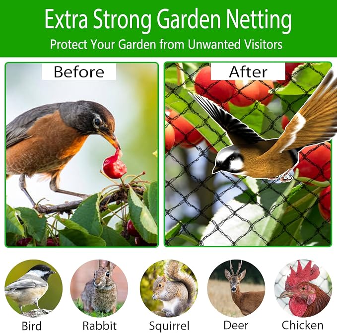 Bird Netting 3/8 Inch Mesh, 20 x 30 FT, HDPE, Rip-Resistant, Black | Tight diamond woven mesh blocks small birds | Allows bees & pollinators through | UV-stabilized | Stakes & ties included