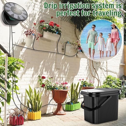 Solar Drip Irrigation System Kit,TRJZWA Solar Powered Auto Plant Watering Device with 10 Pack Plastic Plant Pots(4.5’/6’) & 3.5 Gallons Handy Bucket for Carry