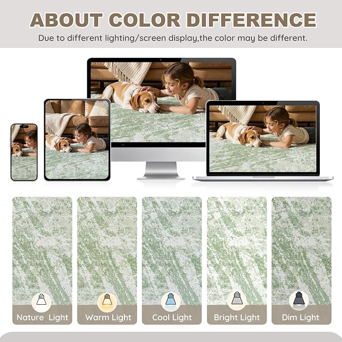 DMOYEST 8x11 Area Rug for Living Room Washable Abstract Indoor Carpet | Neutral Modern Low Pile Rugs Kid & Pet Friendly Large Soft Thin Carpet for Bedroom Dining Room and Office - Light Green