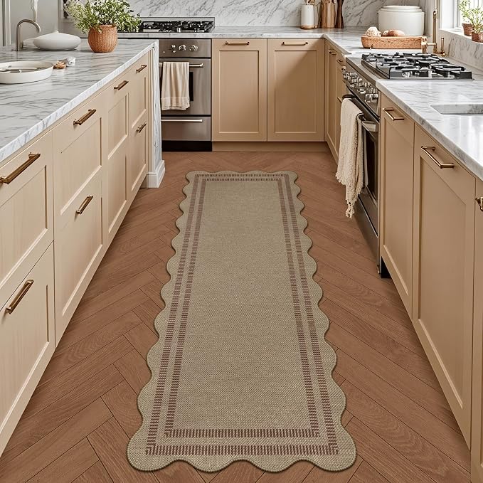 Scalloped Easy Jute 2x6 Kitchen Runner Rug, Washable Rugs for Entryway Non Slip Outdoor Indoor Hallway Rug, Farmhouse Brown Carpet for Entry Bedroom Laundry