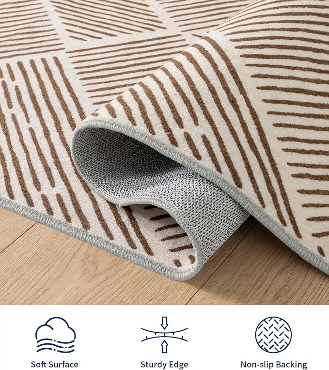 5‘x7' Washable Brown and Cream Area Rug for Living Room | Non-Slip, Soft, Low Pile, Stain Resistant, Large Farmhouse Geometric Stripe Tan Rug for Bedroom Dining Room