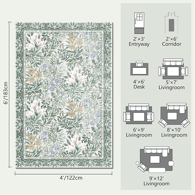Botanical Floral Area Rug 4x6 Light Green Cream Vintage Garden Design, Perfect for Living Room, Bedroom, Kids Room, Nursery - Stain & Water Resistant Non-Slip, Pet & Child Friendly Area Rugs