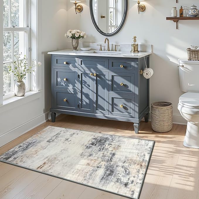 Toneed Washable 2x3 Grey/Brown Area Rug with Non-Slip Backing for Entryway | Abstract Modern Small Throw Rugs, Soft Low Pile Door Mat for Bedroom Kitchen Hallway Indoor Floor Home Decor