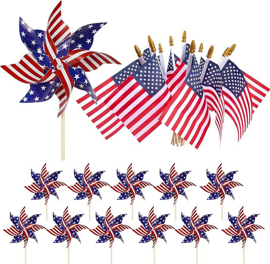 HOOSUN American Flags Patriotic Pinwheels,24 Pack 4th of July Decorations Small USA Flags On Stick With Fourth of July Pinwheels,Red White And Blue Memorial Day Decorations Patriotic Party Supplies