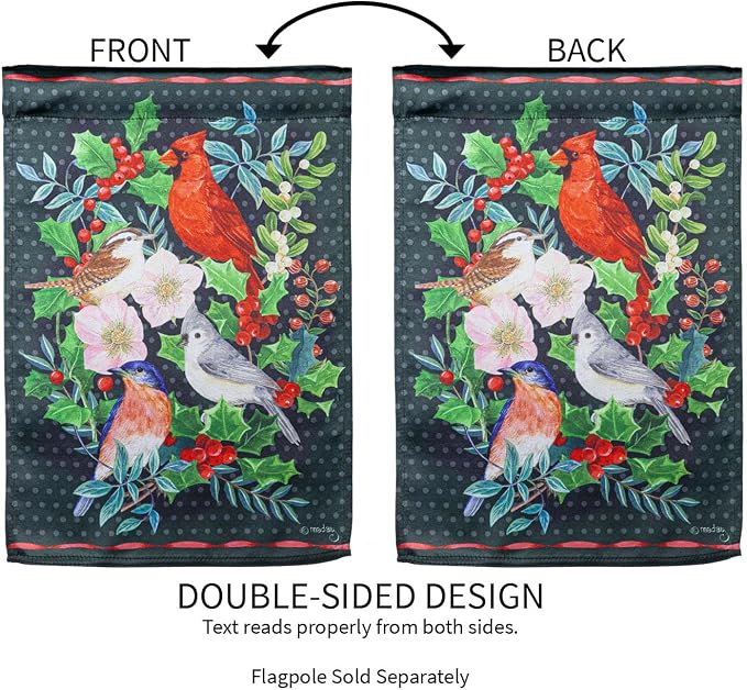Evergreen Flag Winter Bird Friends Lustre Garden Flag 12x18 Double Sided | Christmas Garden Flag for Outside| Weather and Fade Resistant | Outdoor Flag For Yards and Gardens