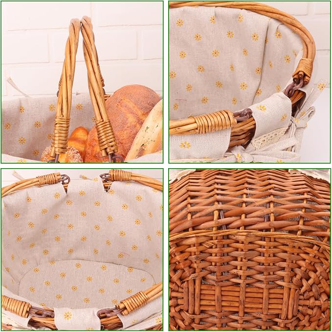 Wicker Picnic Basket with Double Folding Handles, 13.9 x 11.4 x 6.7 Inch | Hand Woven Easter Basket, Natural Willow Picnic Basket with Handle, Woven Picnic Hamper for Outdoor Camping