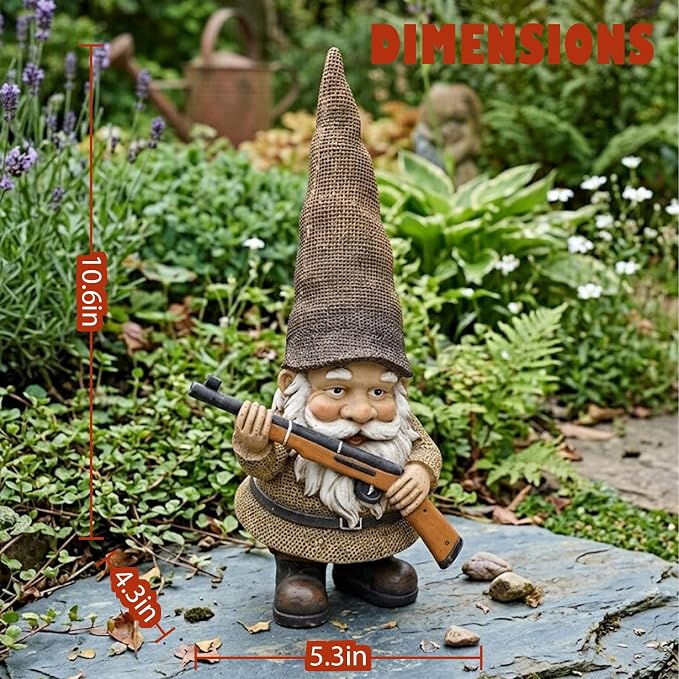 Elenon Garden Gnome Outdoor Statue, 10.6'' High Funny Dwarf with Gun Figurine Decor, Resin Sculpture for Patio Yard Lawn Porch Decoration Ornaments Gift