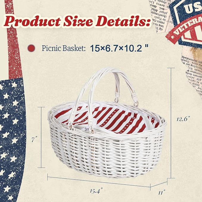 Wicker Picnic Basket with Insulated Lined Bag 15“ x 11” x 7“ Red, White Star Stripe Pattern, Iced Beer Insulated Bag for Camping, Picnics, Birthday Gifts, Wedding Gifts