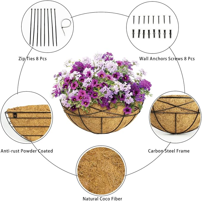 4 Pack 14 Inch Window Boxes Planters Railing Planter Box with Coco Liners Deck Railing Planter Boxes Balcony Hanging Flower Box Wall Mounted Half Round for Outdoor Plants Garden Decor