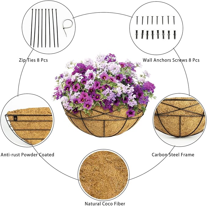 4 Pack 16 Inch Window Boxes Planters Railing Planter Box with Coco Liners Deck Railing Planter Boxes Balcony Hanging Flower Box Wall Mounted Half Round for Outdoor Plants Garden Decor
