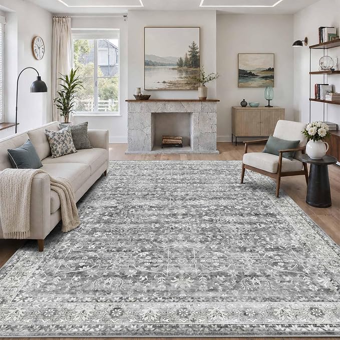 Latte&Fog 6x9 Area Rugs for Living Room Washable Vintage Grey Rugs Large | for Bedroom Kitchen Dining Kids Nursery Classroom Playroom Farmhouse Office Dorm, Non Slip Soft Carpet, Large Floral Rug