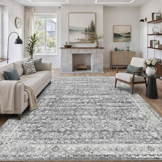 Latte&Fog 6x9 Area Rugs for Living Room Washable Vintage Grey Rugs Large | for Bedroom Kitchen Dining Kids Nursery Classroom Playroom Farmhouse Office Dorm, Non Slip Soft Carpet, Large Floral Rug