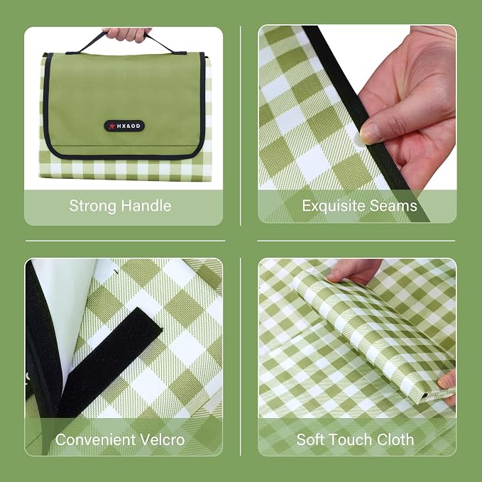 HX&OD Picnic Blanket Outdoor Extra Large Picnic Mat 80"X60" Camping Blanket Beach Blanket Foldable Waterproof Sand Mat Hiking Travel Family Concerts(Green)