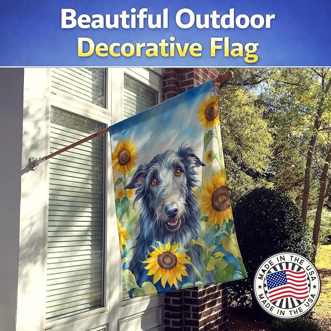 Caroline's Treasures DAC6157CHF Scottish Deerhound in Sunflowers House Flag Large Porch Sleeve Pole Decorative Outside Yard Banner Artwork Wall Hanging, Polyester, House Size, Multicolor