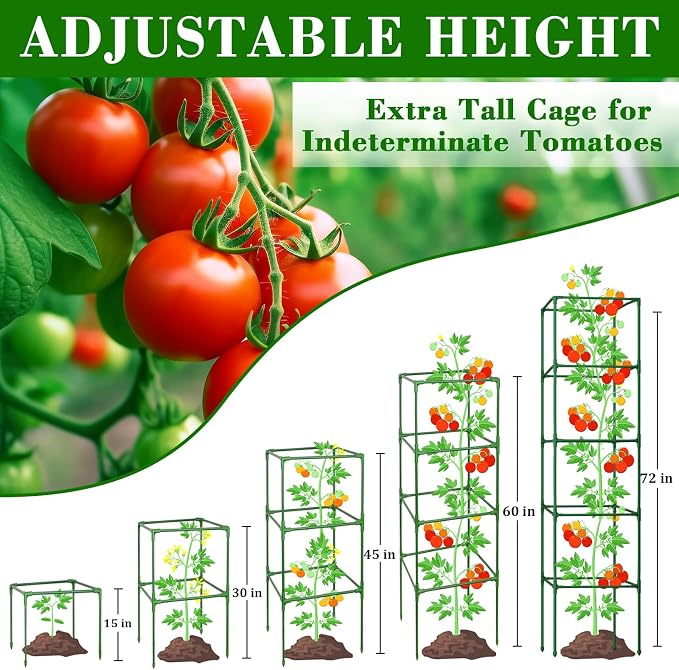 ZeeDix 72 Inches Heavy Duty Tomato Cages, 4 Pack Square Adjustable Tomato Trellis with 40Pcs Clips, Extra Tall Plant Support Stakes for Climbing Vegetables, Flowers, Raised Garden Bed & Pots