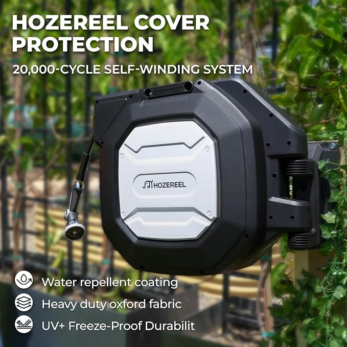 1/2" x 100+6 FT Heavy Duty Retractable Garden Hose Reel by HOZEREEL, Outdoor Garden Hose Reels - Self Retract Wall Mount Hose Reel Automatic Storage, Any Length Lock, 10 Pattern Nozzle Black