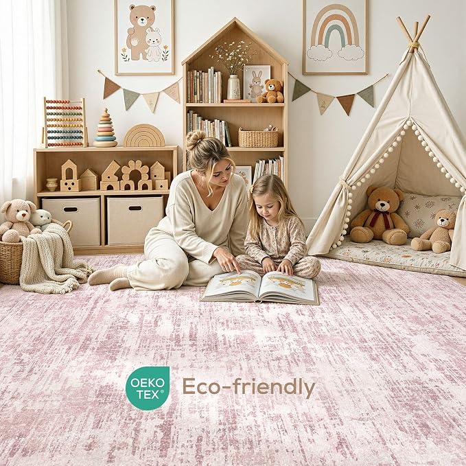 Nakagishi 8X10 Abstract Washable Area Rugs for Living Room-Pink | Modern Non-Slip Silicone Backing Low Pile Soft Carpet for Bedroom Dining Decor Ideal for Families with Kids and Pets