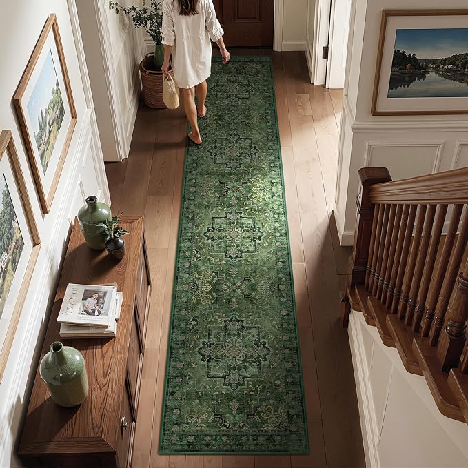 Dark Green 3x10 Long Hallway Runner Rug, Vintage Distressed Medallion Carpet Runners for Entryway, Low Pile Thin Runner Rug Non Slip Washable for Kitchen/Mudroom/Foyer/Bedroom