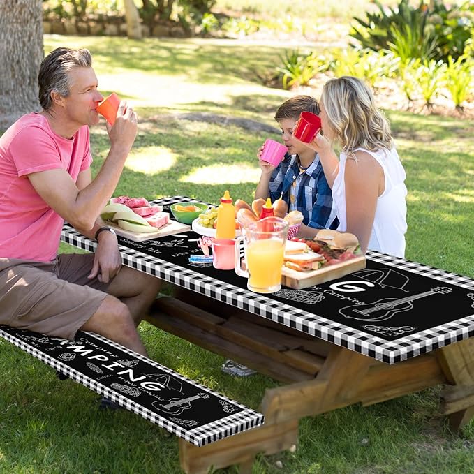 Picnic Table Cover with Bench Covers Elastic Edges, Black Camper Fitted Table Cover, Outdoor Patio Camping Essentials 72 Inch 3PCS, Waterproof Camping Fitted Tablecloth with Drawstring Bag
