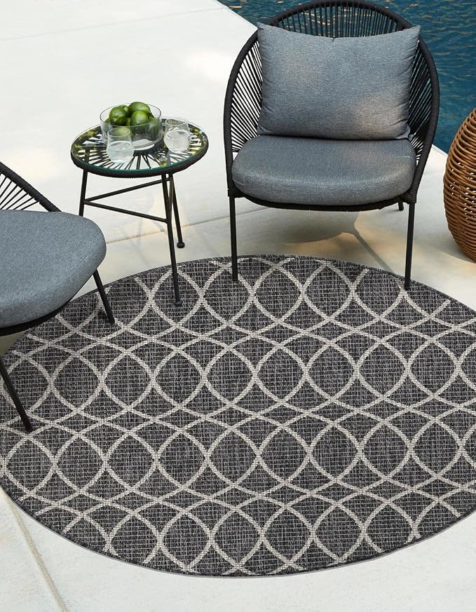 Unique Loom Outdoor Trellis Collection Area Rug - Gitter (10' Round, Charcoal/ Ivory)