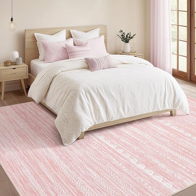 Nakagishi Boho 5x8 Area Rug Living Room Rugs Machine Washable Pink | Soft, Pet & Kid Friendly, Carpet for Living Room/Bedroom/Office/Kitchen/Nursery, Daily Home Decor Stain Resistant Moroccan