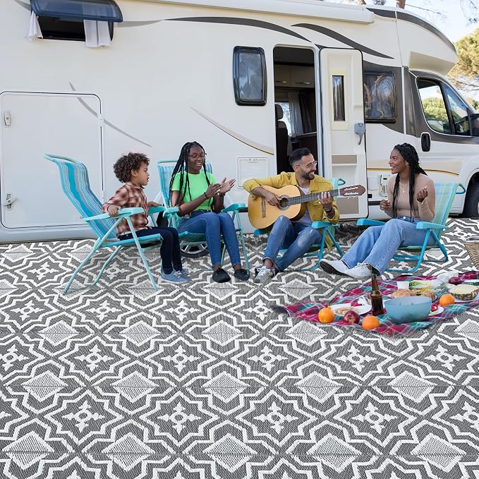 Alfolo Outdoor Rug 9x12 for Patios Clearance,Outdoor Plastic Straw Rug,Waterproof Camping Rugs for Outside Your Rv, Deck, Porch,Beach,Picnic,Pool Grey Recyclable,Easy Cleaning Outside Mats with a Bag