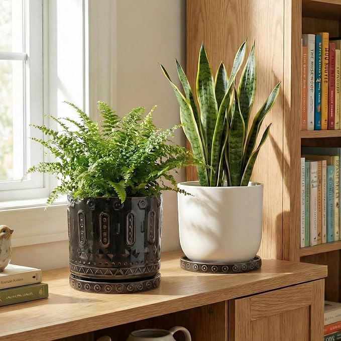 EightPot Plant Trays for Pots 7.5 Inch, 2 Pack Flower Pot Saucers, Round Ceramic Plant Saucers for Indoors Outdoors, Modern Plants Plates to Catch Water, Decorative Plants Dishes to Catch Water, Black