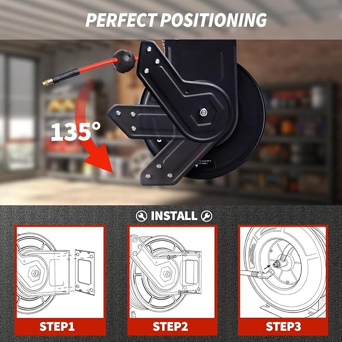 Retractable Air Hose Reel | Rewind 100 ft x 3/8 in Hybrid Air Hose Max 300PSI | Heavy Duty Air Compressor Hose Reel with Auto Rewind and Bracket | Ceiling|Wall Mount for Garage | Workshop&Home Studio