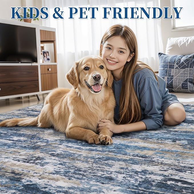 Tangsoo Blue Abstract 3x5 Washable Area Rug, Modern Non Slip Accent Rugs | Contemporary Print Indoor Carpet, Soft Low Pile Foldable Rugs for Living Room Bedroom Bedside Entryway Blue Grey Home Decor
