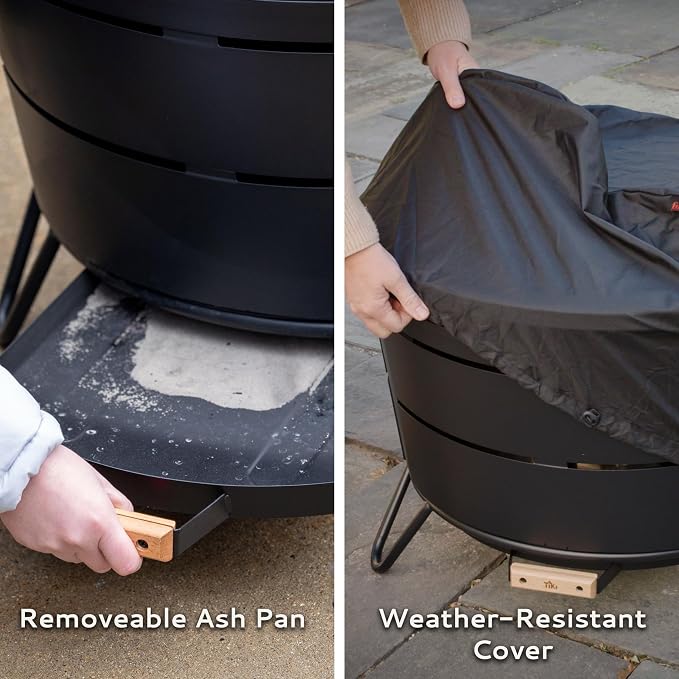 TIKI 27.5-Inch Smokeless Reunion Fire Pit, Large Outdoor Fire Pit for Gatherings, Wood Burning with Removable Ash Pan & Weather-Resistant Cover, Modern Black Design – Perfect for Patio & Backyard