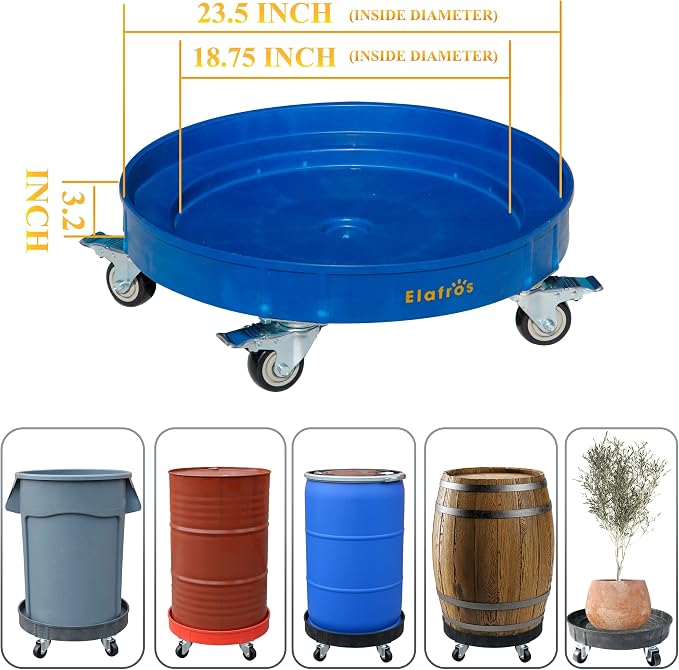 ELAFROS 30 Gallon and 55 Gallon Heavy Duty Plastic Drum Dolly – Durable Plastic Drum Cart 900 lb. Capacity- Barrel Dolly with 5 Swivel Casters Wheel, Blue, with Brake
