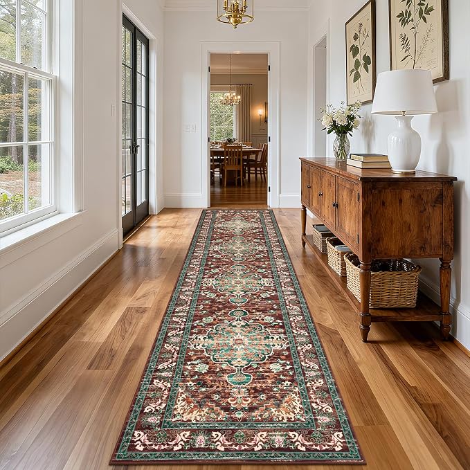 U'Artlines 3' x 12' Boho Hallway Runner Rug, Washable Carpet, Rust＆Teal | Non Slip, Vintage Farmhouse Accent Area Rug Carpet, for Bedroom, Dining Room, Laundry and Living Room