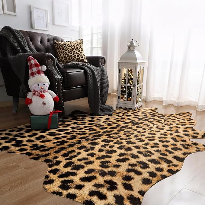 Premium Leopard Print Rug, Faux Cheetah Rugs, Non-Slip 6.2 x 5.2 Ft | Machine Washable Animal Print Hide Leopard Skin Area Rug for Bedroom Living Room Home Decor