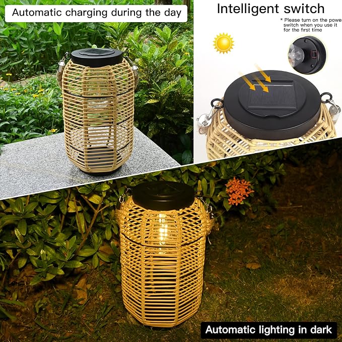 Livinlarge Solar Lantern Outdoor Hanging Lights, Large Solar Rattan Lantern Outdoor Waterproof with Twine Handle, Bright Outdoor Lanterns with Edison Bulb for Garden Patio Yard Tabletop Decoration