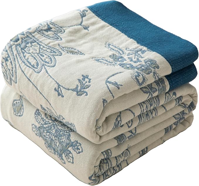 Phuryllic Boho Throw Blanket Full Size, Extra Large Soft Cozy Cotton Muslin Quilt Blanket for Bed Decor, Floral Patterned Couch Sofa Chair Cover, Vintage Farmhouse Cottage Woven Blanket, Blue&White