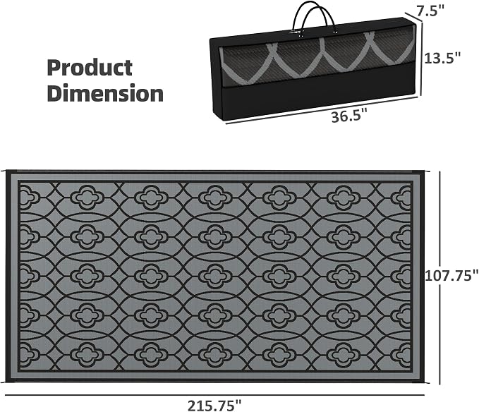 Outsunny Outdoor Rug for Patio, 9' x 18' Waterproof Large Mat, Reversible Plastic Straw Rug for Decor, Portable Outside RV Camping Area Carpet Mat for Backyard Porch Deck Picnic, Black & Gray Lantern