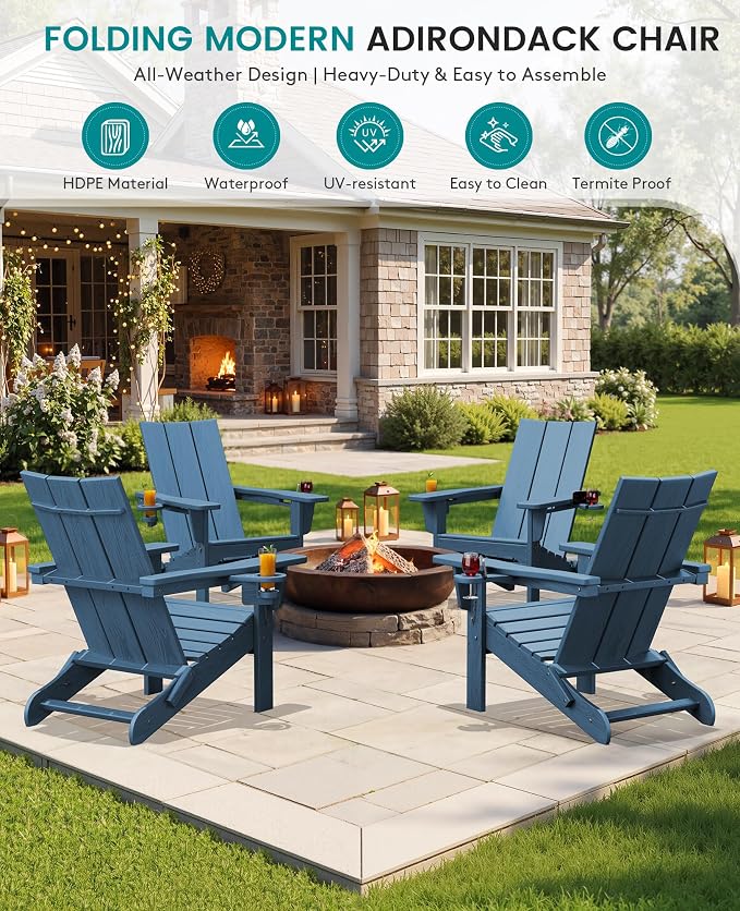 SERWALL Modern Folding Adirondack Chair Set with 9 Ft Umbrella, Folable Adirondack Chairs Set of 2 with Cup Holders, HDPE Fire Pit Chairs for Patio Lawn Garden, Blue (Umbrella Base is not Included)