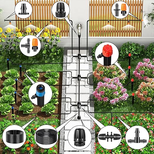 235FT Drip Irrigation System Kit, Automatic Drip Irrigation Kit with 1/2 inch Hose 1/4 inch Distribution Tubing and Accessories