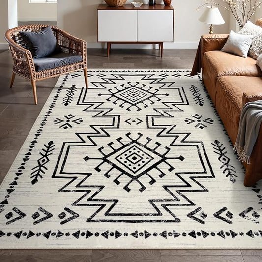 Lahome Moroccan Rug 8x10 for Living Room, Washable Western Rugs for Bedroom | Boho Soft Low Pile Carpet for Dining Room Table, Distressed Aztec Carpets for Office Home Decor (Ivory)