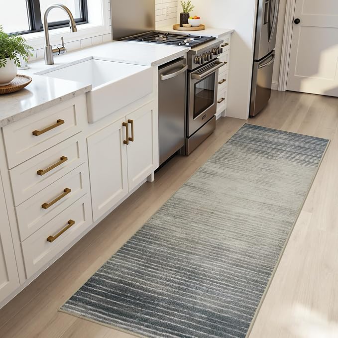 Joydeco 2x6 Runner Rug for Hallway, Modern Abstract Non-Slip Soft Washable Rugs, Low Pile Carpet for Entryway, Bedroom, Kitchen, Laundry, Beige & White & Dark Gray