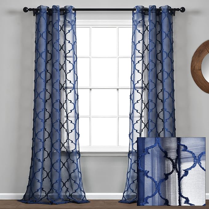 Lush Decor Avon Trellis Grommet Sheer Window Curtain Panels Pair 38" W x 95" L Navy - Sheer Curtains for Living Room - Modern Farmhouse Bedroom Curtains
