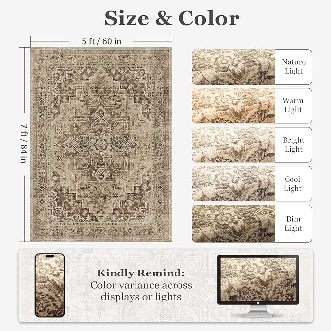 Brown Medallion 5x7 Area Rugs for Living Room, Washable Non Slip Bedroom Rug with Distressed Medallion Pattern, Low Pile Thin Carpet Rugs for Dining Room/Kitchen/Home Office, Taupe Brown Black