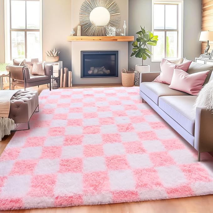 Checkered Rug for Living Room 8x10, Ultra Fluffy Fuzzy Shag Large Area Rug for Bedroom, Modern Plush Soft Upgrade Non-Slip Carpet for Kids and Girls Room Dorm Home Decor, Pink and White