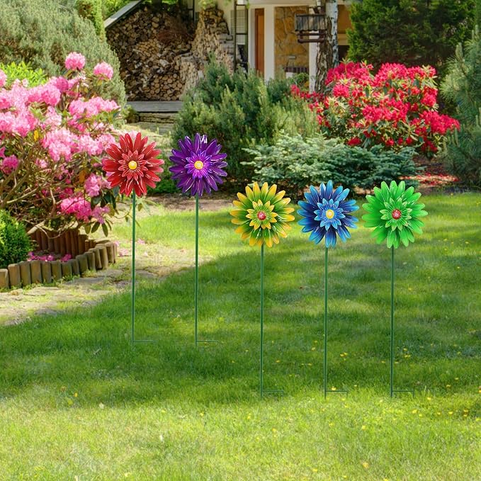 Metal Flower Wind Spinner Garden Stake Yard Art, Lawn Windmill Ornaments | WEIBEFEE; 5 Pieces;Lawn Ornament; 27 Inch Windmill Outdoor; Fade-resistant; Great gift choice; Decoration Gift