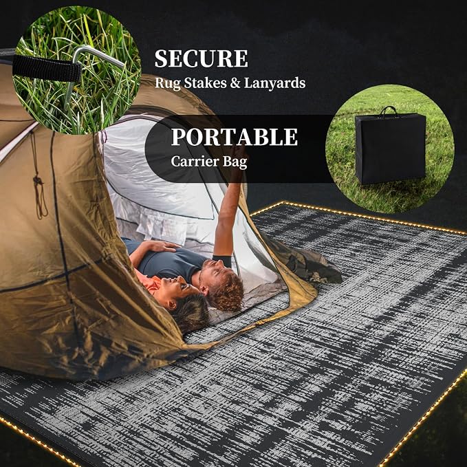 MontVoo Outdoor Rug Waterproof 9x12 ft with Strip Lights Outdoor Patio Rug Mat Reversible Plastic Straw Rug Outside Outdoor Rug for RV Camping Picnic Balcony Backyard