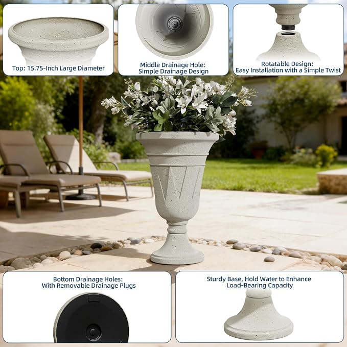 Tall Urn Planters for Outdoor Plants Set of 2-23.6" H Vintage Trophy Design Outdoor Planters for Porch Decor with Drainage Hole, Indoor Large Flower Pots, Pedestal Planter/Garden Vase, Beige