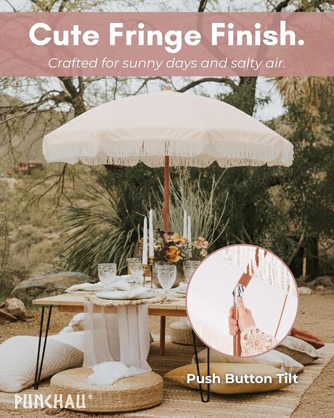 6 Ft Fringe Patio Umbrella - Outdoor Umbrella for Patio, Pool, Table, Garden, Deck, Beach, and Outdoors - Fashionable Boho Vintage Tassels & Wood Print - Push Button Tilt Pole