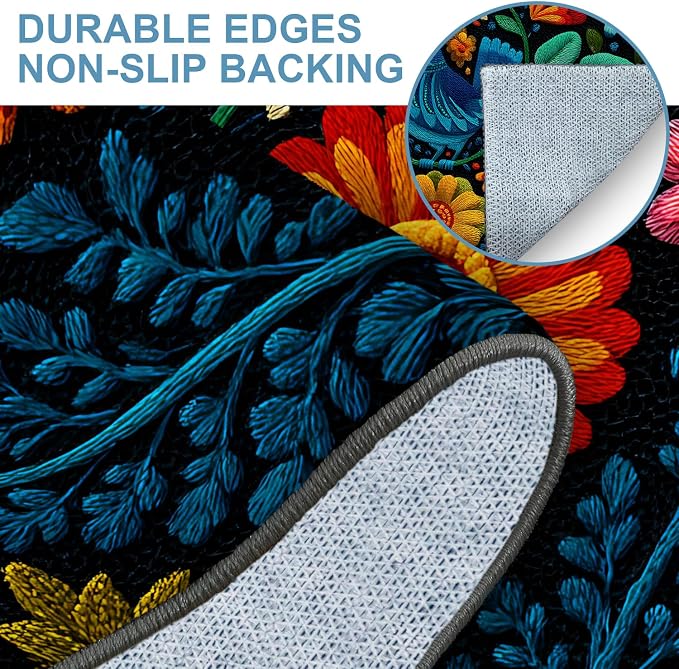 Blue Bird Folk Art Floral 2x3 Entry Rug,Washable Small Rugs for Entryway Kitchen Bathroom Door Mat Indoor Entrance,Non Slip Rubber Backing, Stain & Fade Resistant,Vibrant Mexican Embroidery Decor