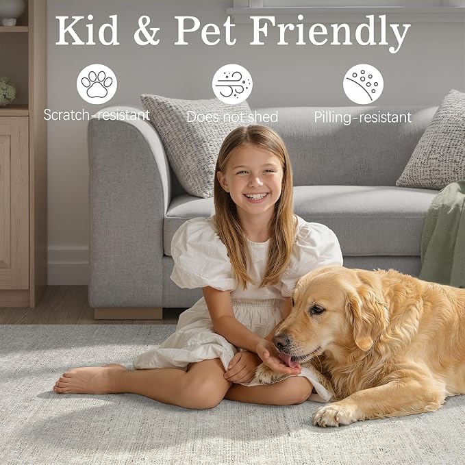 DCX Washable 6x9 Area Rug for Living Room, Soft Beige Gray Neutral Floral Rug with Non-Slip Rubber Backing, Kid & Pet Friendly Low Pile Stain Resistant Carpet for Bedroom, Nursery